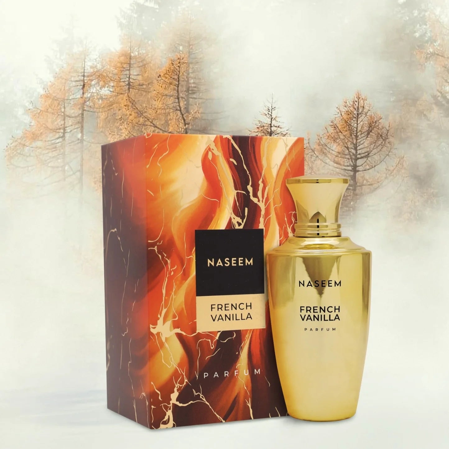French Vanilla Parfum by Naseem — bottle and box in winter forest setting