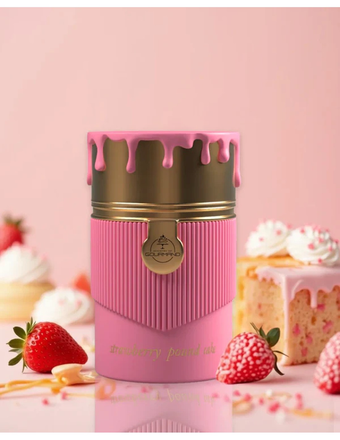 Strawberry Pound Cake by Paris Corner — bottle lifestyle shot with strawberries and cake