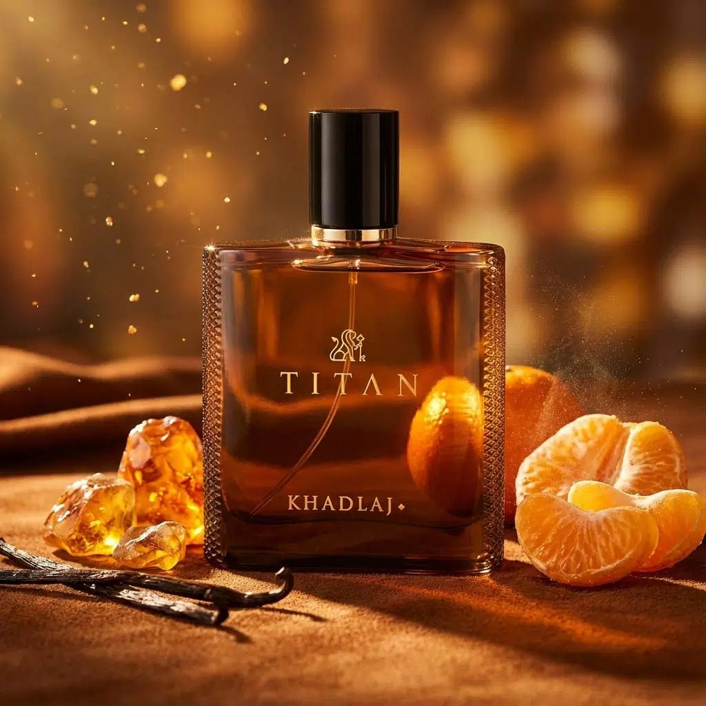Titan by Khadlaj — bottle lifestyle shot with amber, vanilla and mandarin